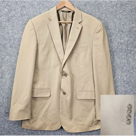 Mens Tan Blazer 40L Long Small JOS A BANK Tailored Fit Beige Khaki Wool Cotton - Picture 1 of 16